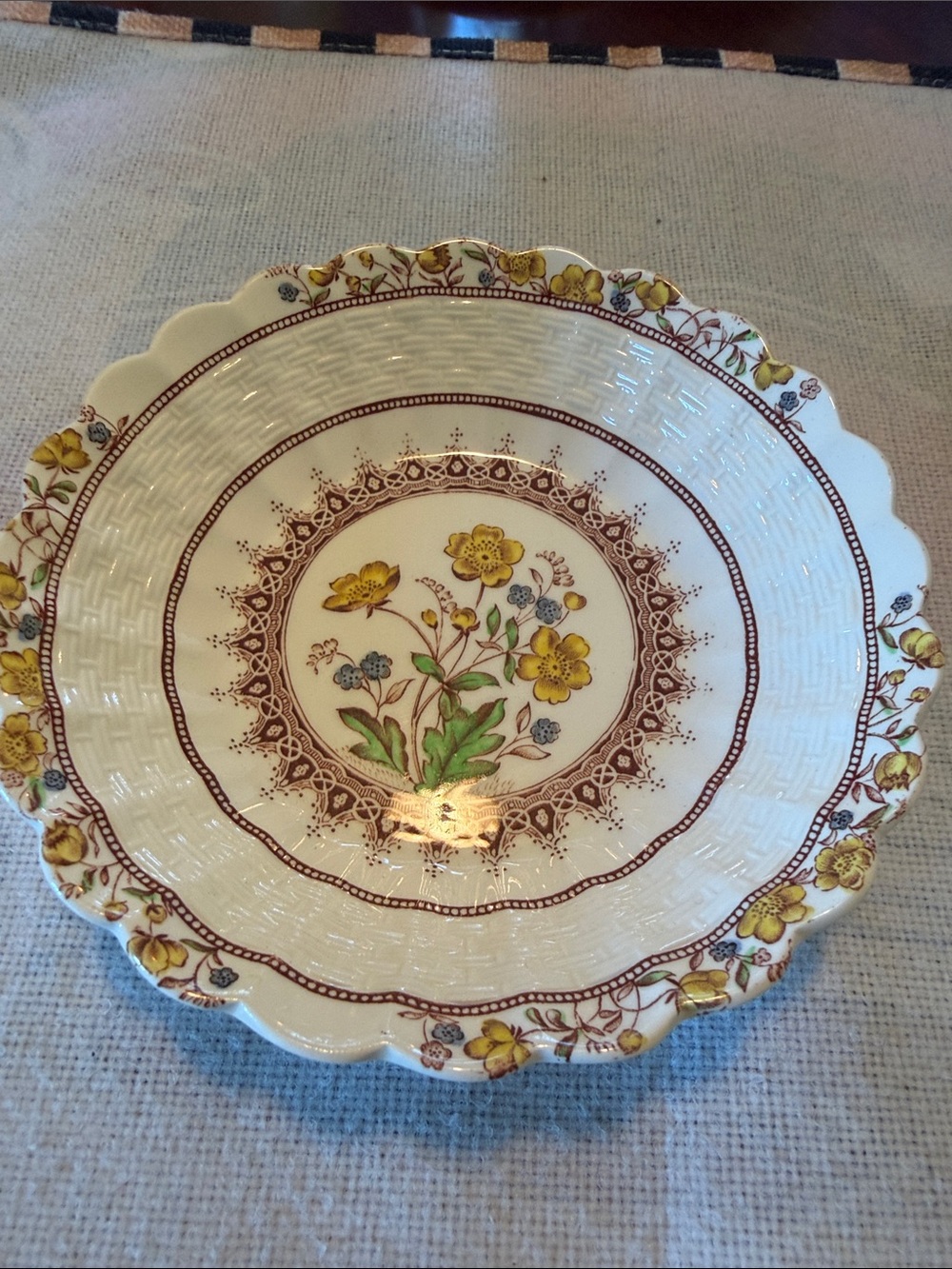 Spode Yellow Floral Scalloped Serving Bowl with Brown Accents